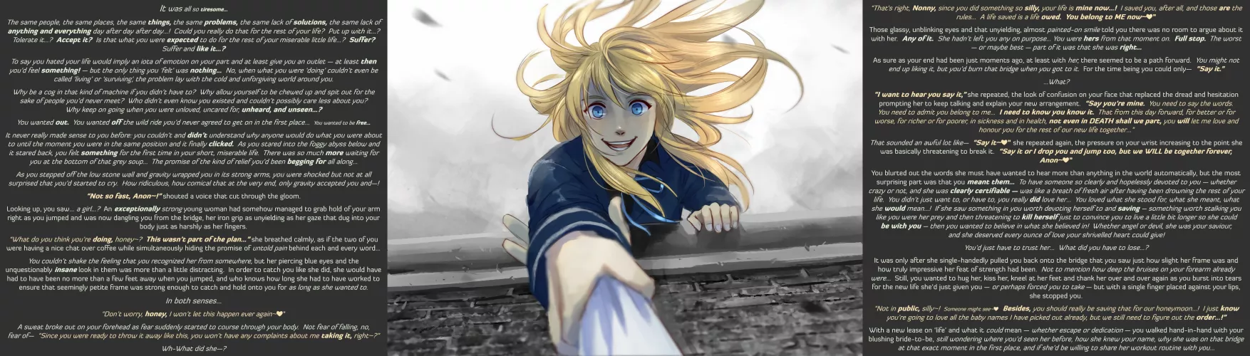 [MxF] As if she'd let you... [RE-UPLOAD][TW: Suicide][Wholesome][Yandere][Saviour][Rescued?][Depression][Despair][Bridge...][Marriage?][MtG Caption][Property: Sierra Lee] 