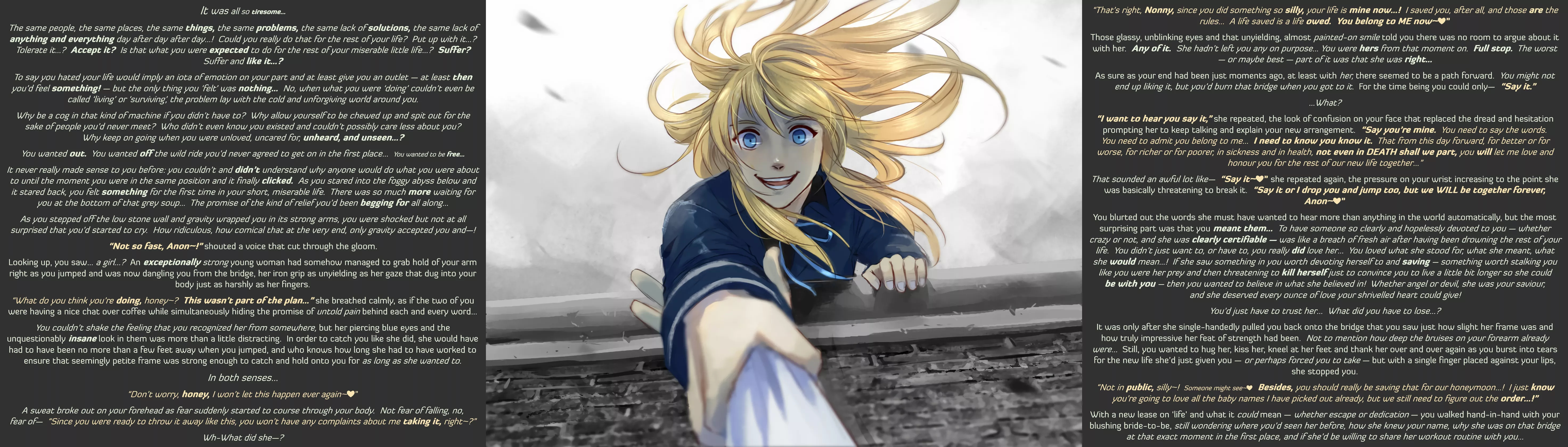 [MxF] As if she'd let you... [RE-UPLOAD][TW: Suicide][Wholesome][Yandere][Saviour][Rescued?][Depression][Despair][Bridge...][Marriage?][MtG Caption][Property: Sierra Lee] 