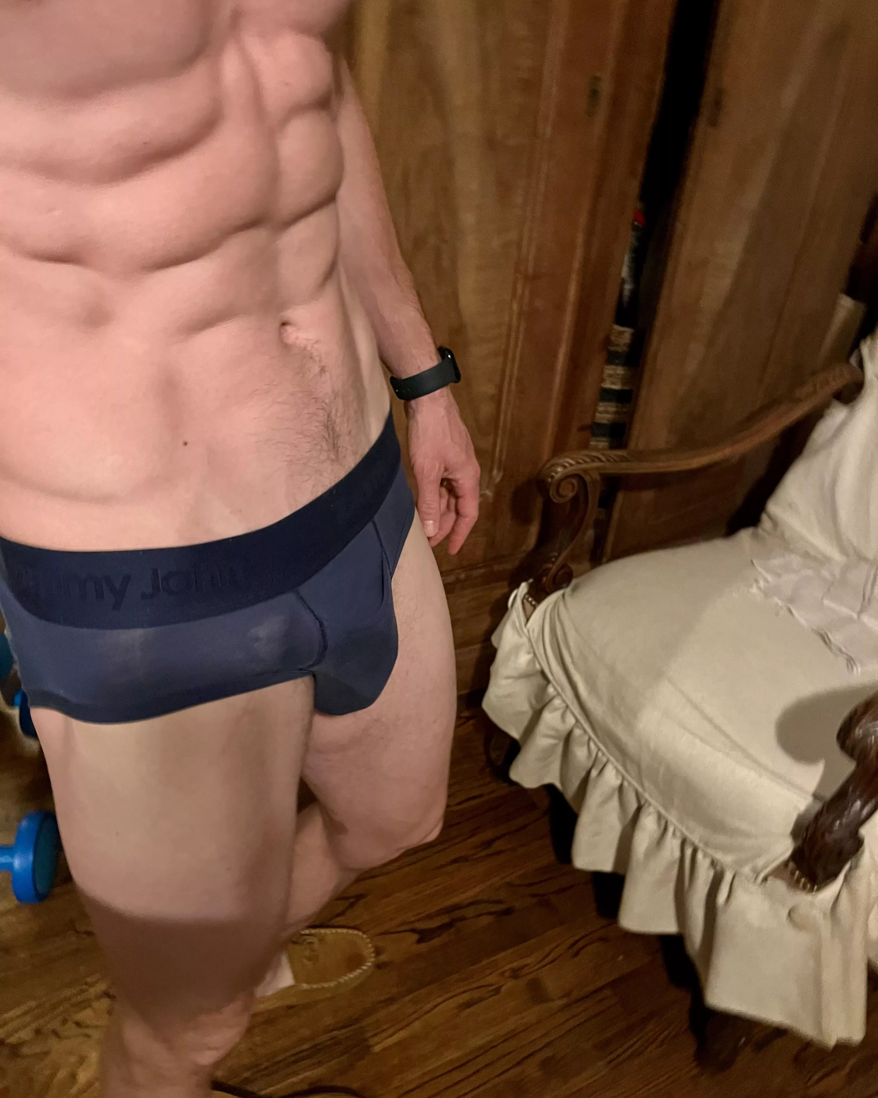 Morning wood, taking the dogs out like this. 