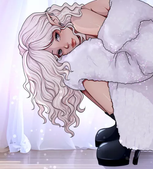 A drawing I did of elara Lumis an elf fashion model she was so fun to draw 💗