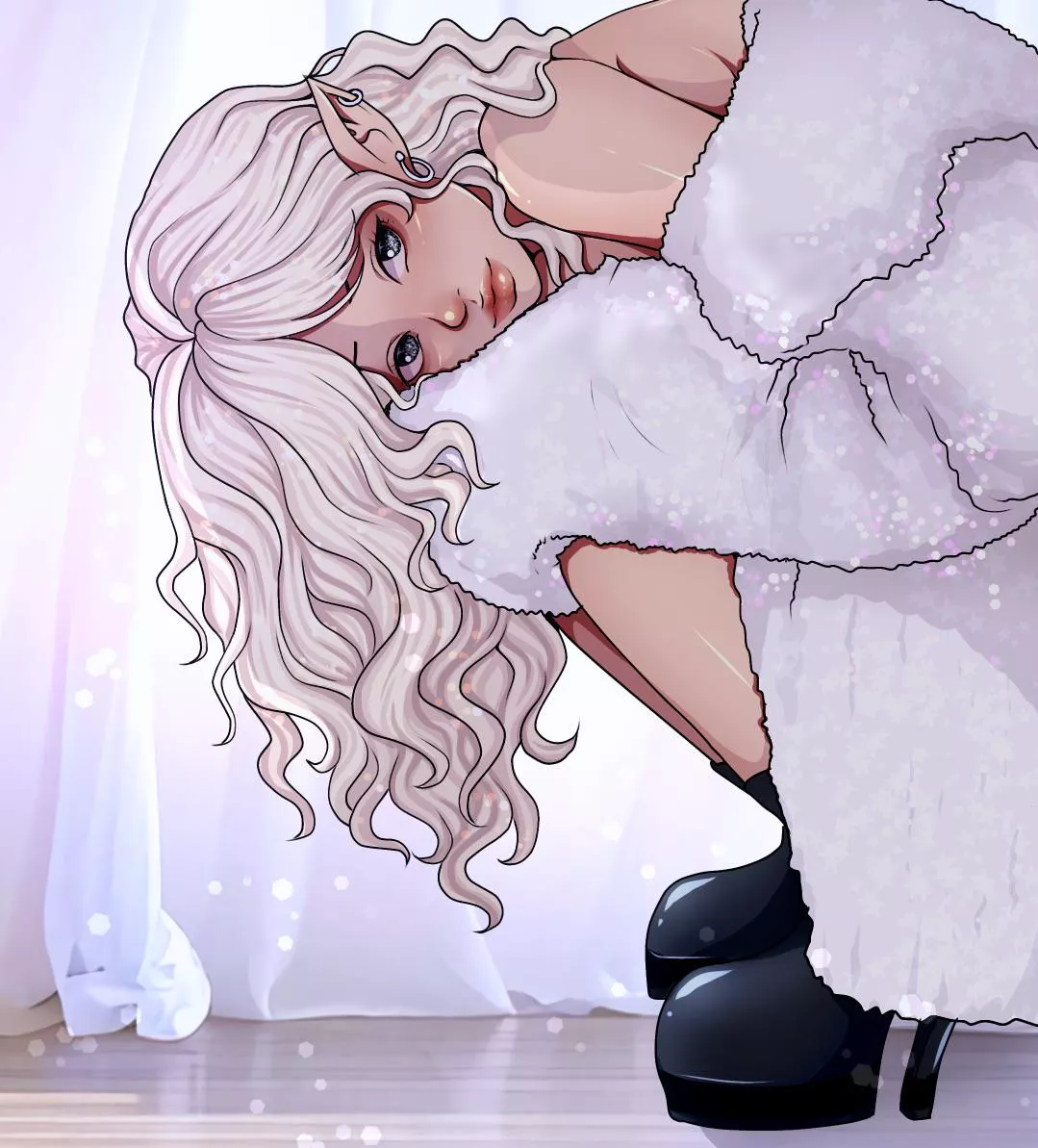 A drawing I did of elara Lumis an elf fashion model she was so fun to draw 💗