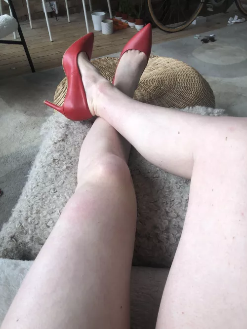 Red faux leather heels long view