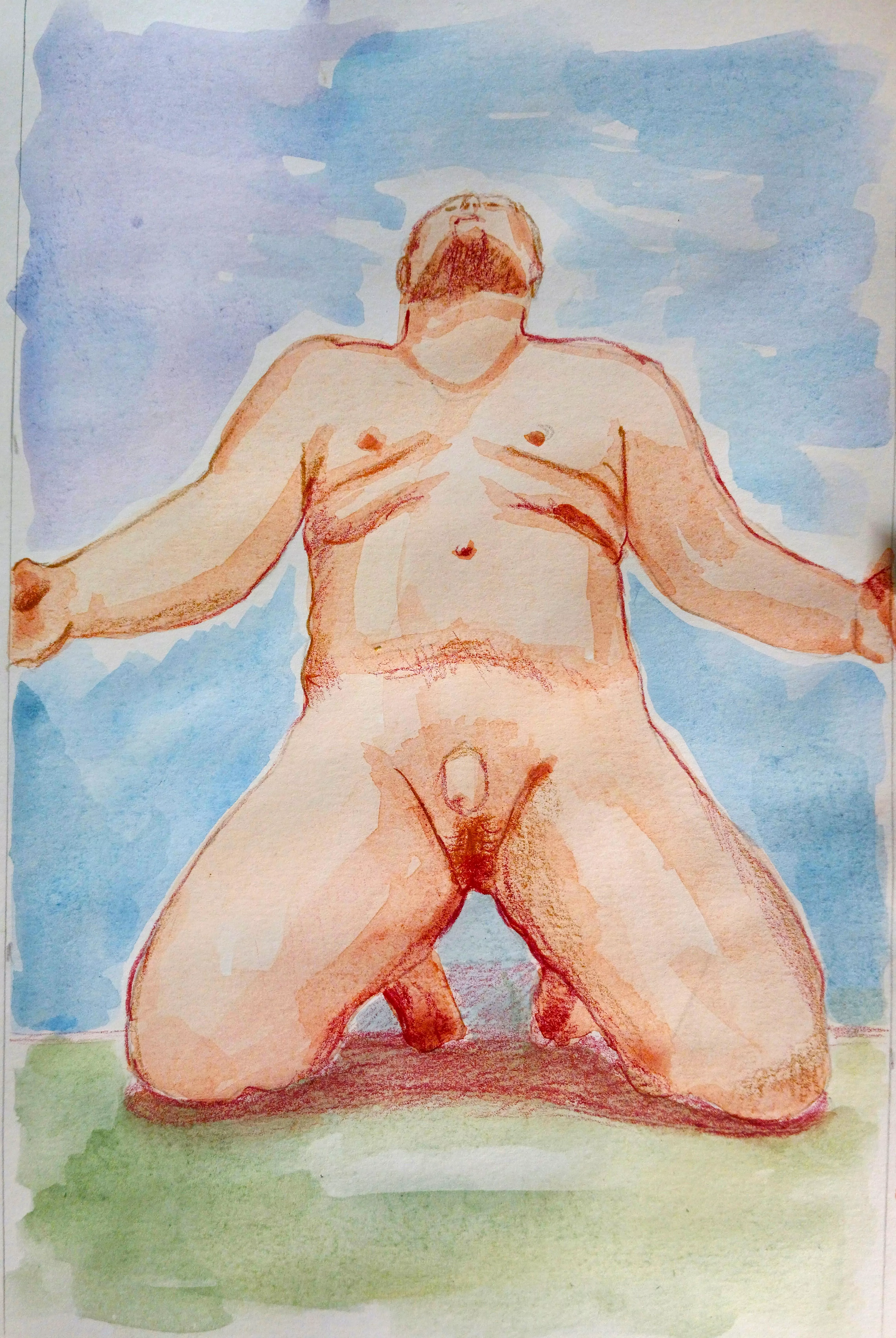 On his knees. By me.