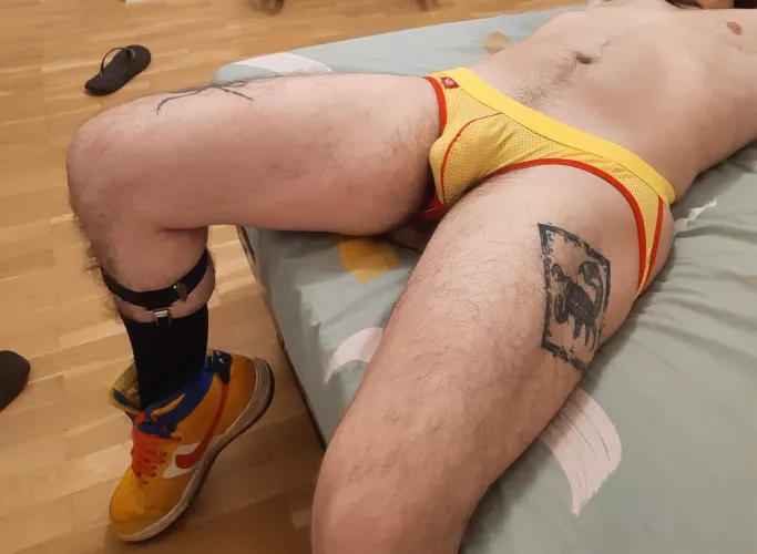 What are we thinking of the jockstrap and sneakers combo here?