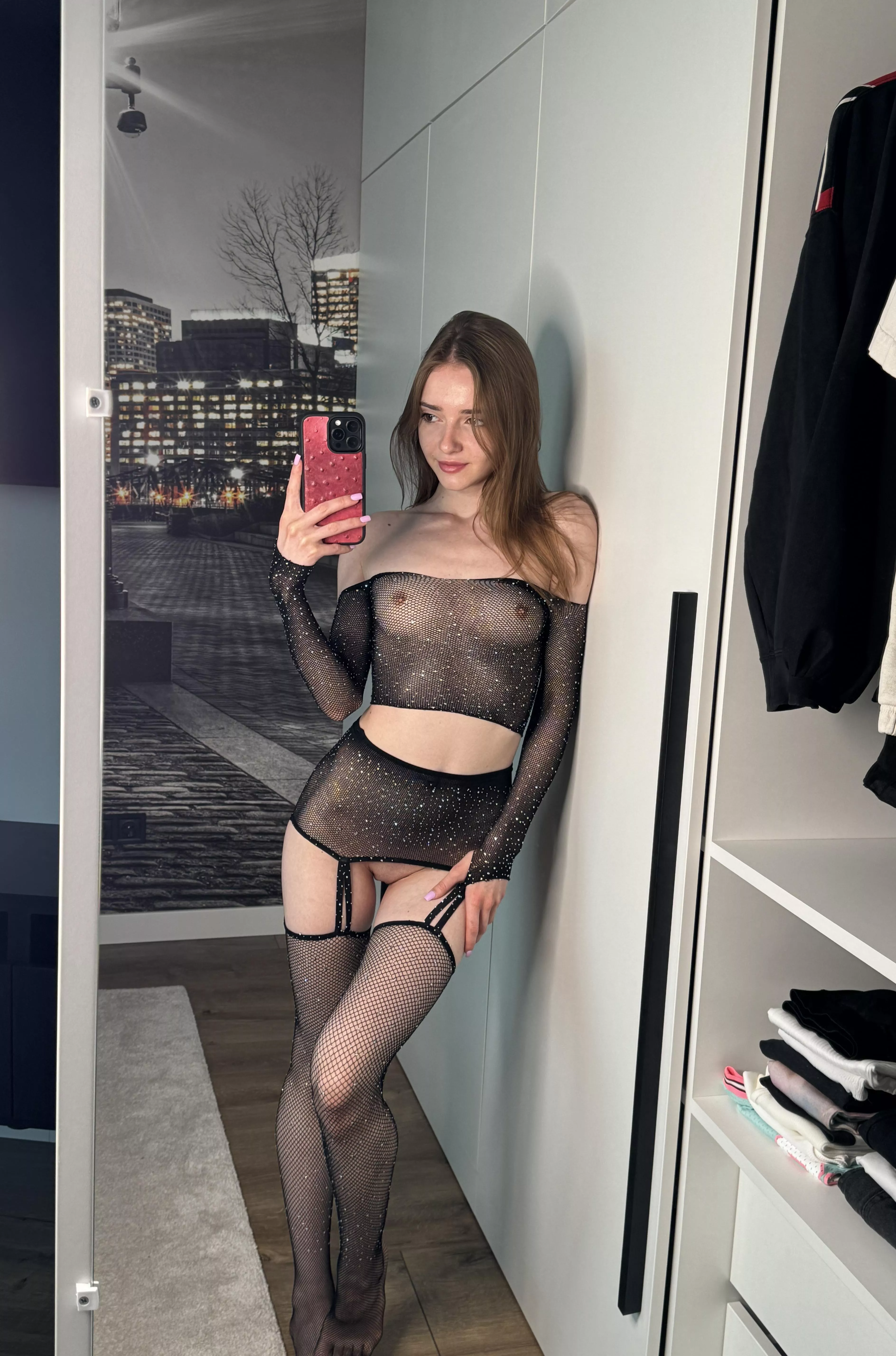 Hot selfies in the tiny girl's mirror