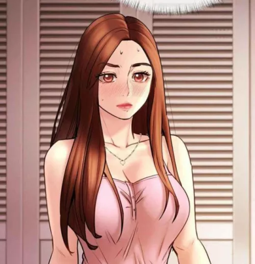 LF Color Source: 1girl, Manhwa, Long hair, Brown hair, Pink top, Thin strap, Necklace, Sweating, Blush Mark, Closed mouth, Pink eyes, Sweating, Close up, Looking at viewers, Cleavage, Pink lips