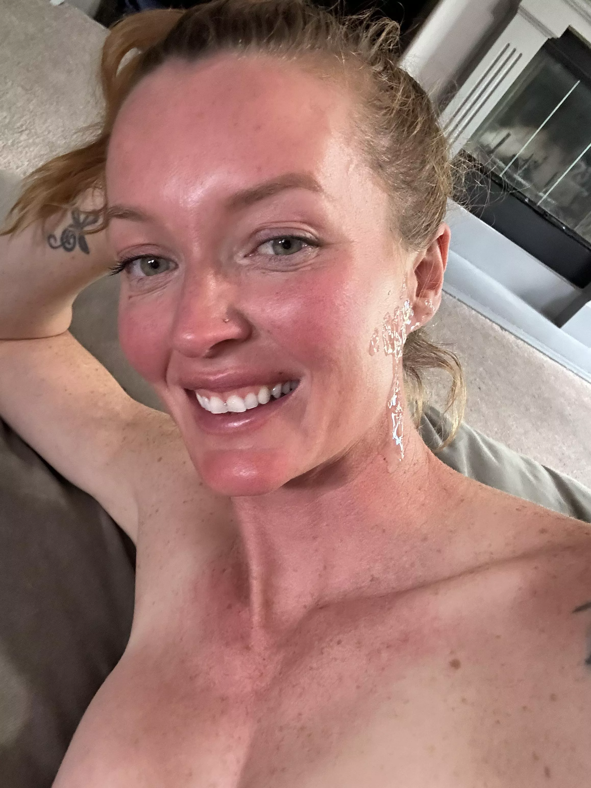 He was supposed to get my face but missed a little. Still felt cute being a little cumslut