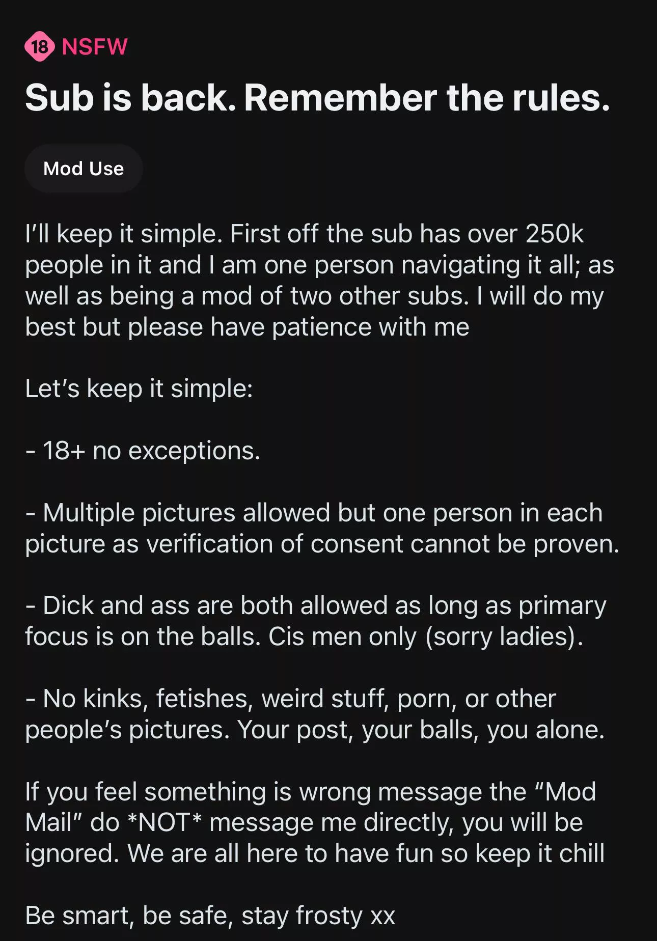 Sub is back. Remember the rules.