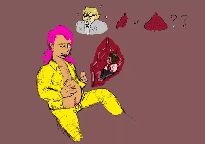 {image} talking about tummies {male Pred/male prey} {Danganronpa} {oral vore} {safe Vore} {art by me, made in Krita}