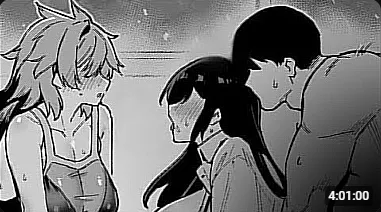 LF Mono source: black hair, 2girls, 1boy, long hair, light hair, muscle, large breasts, gym outfit, sex, prone bone,