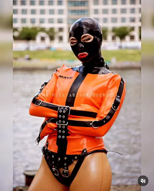 Wearing latex straight jacket in public >>>