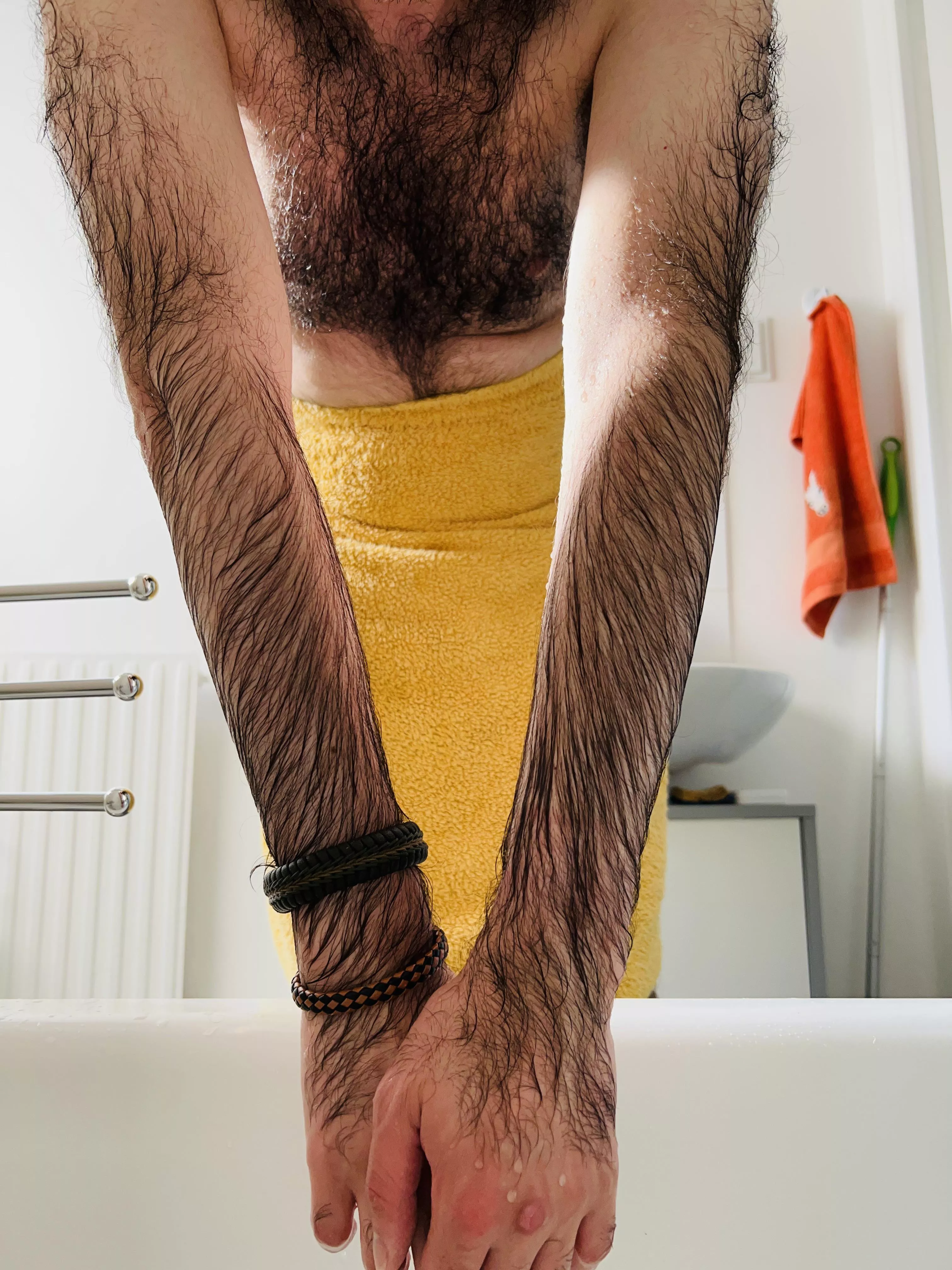 Wet hairy arms just after shower 