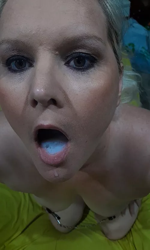 Cum in my mouth, nipple clamps on my tits.