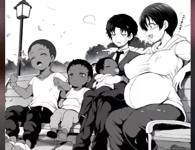LF Mono Source: 1girl, 4boys, pregnanth, short hair, dark hair, dark skin, park, bench, business suit, family, children, foreign text, covered nipples