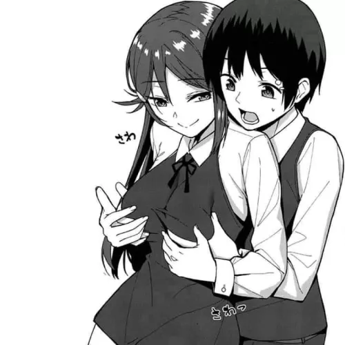 Mono 1boy, 1girl, black hair, dark hair, double parted bangs, grabbing another's breasts, grabbing from behind, grin, guided breast grab, hairclip, looking back, lower teeth only, neck ribbon, open mouth, school uniform, sfx, short hair, smile, smug, su