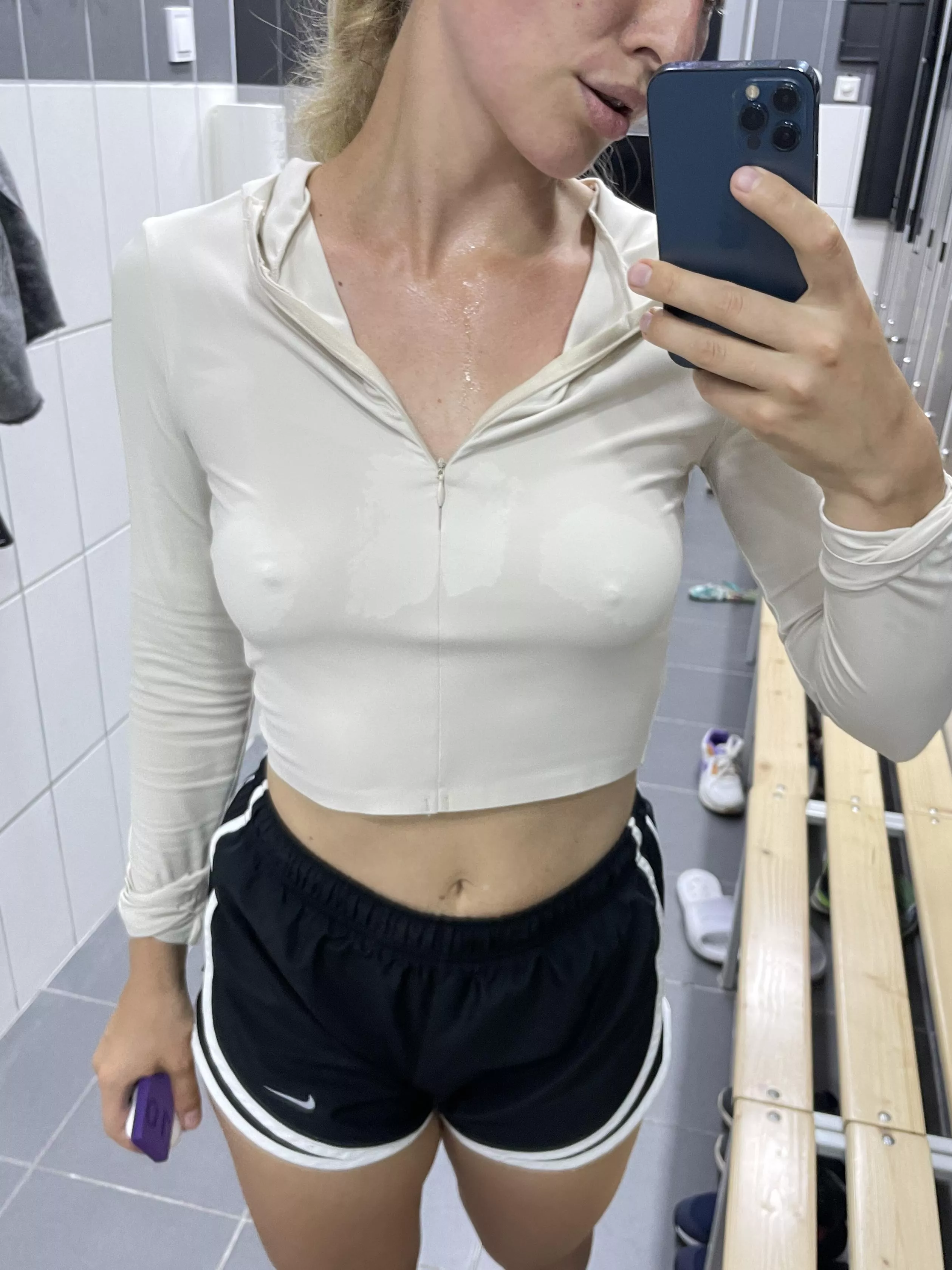 Wet top and no bra after cardio