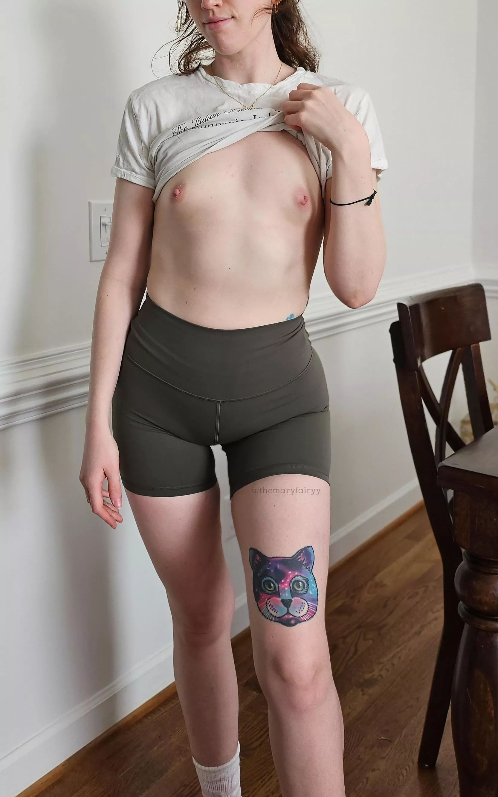 Flashing my tiny tits before yoga 