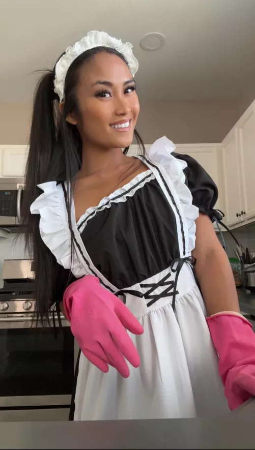 I finished cleaning up, can I start polishing your dick, Mister?