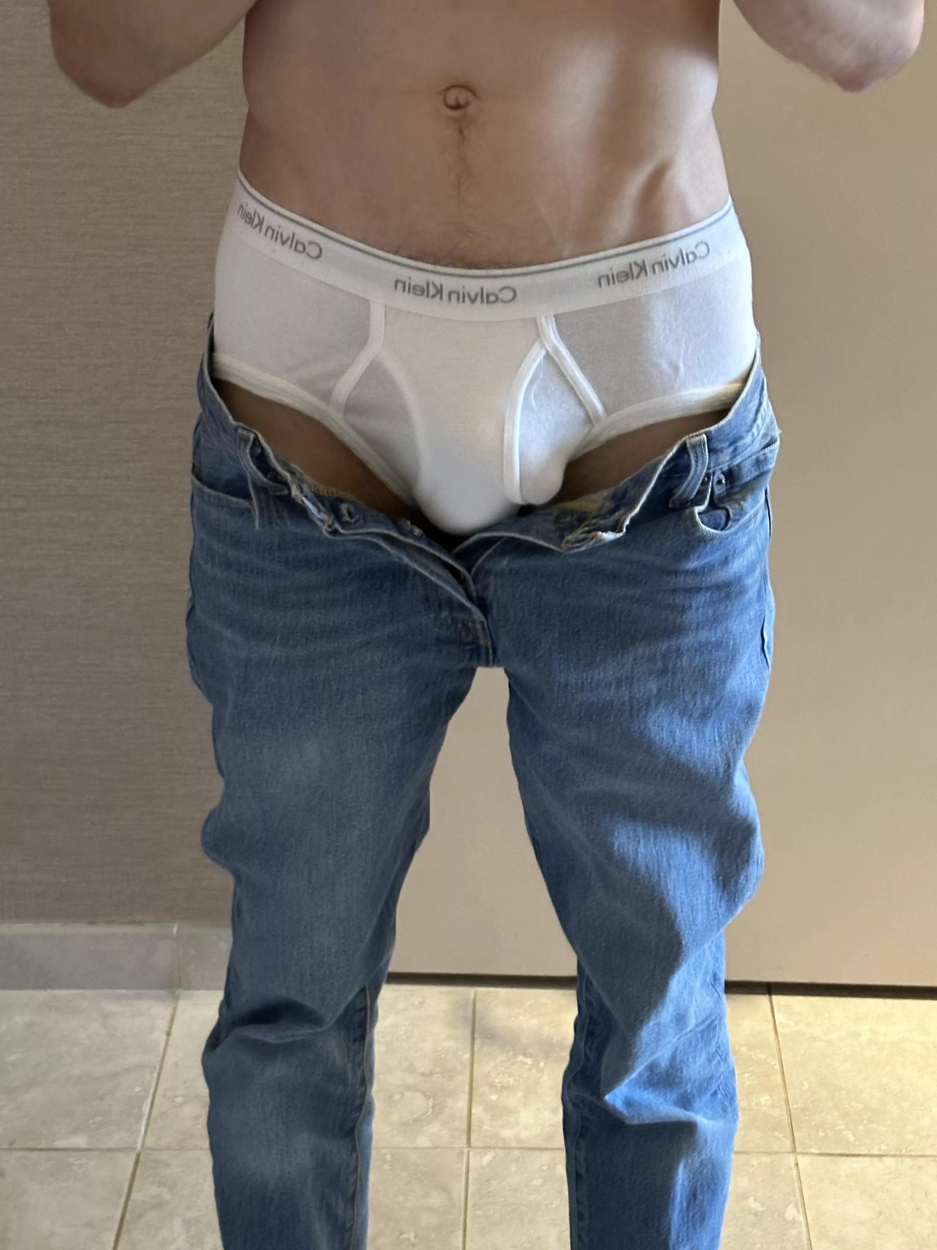 Wearing a pair of my white Calvin briefs
