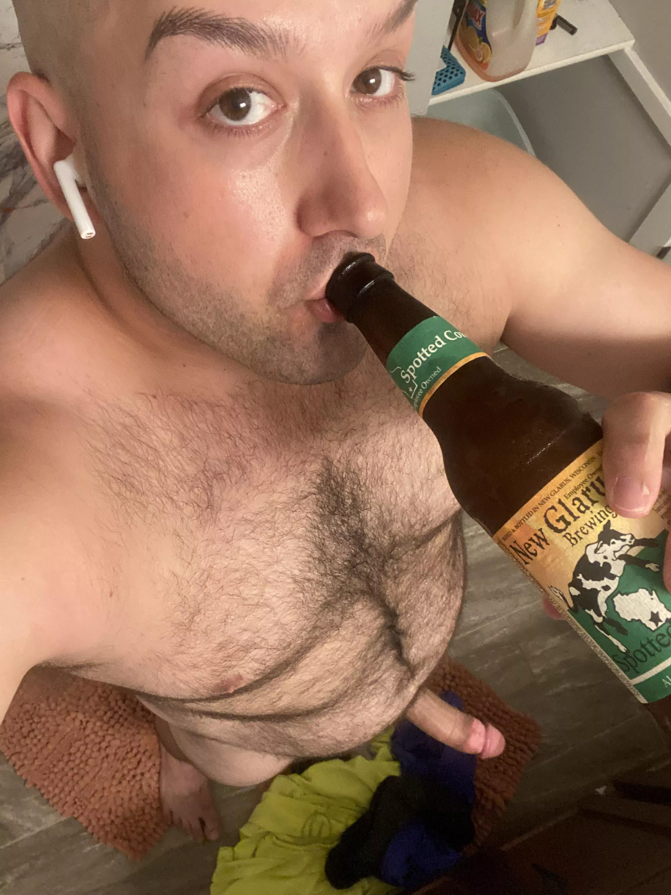 Having a cold beer after a long day. Who wants to make it even better by sucking this big fat cock?