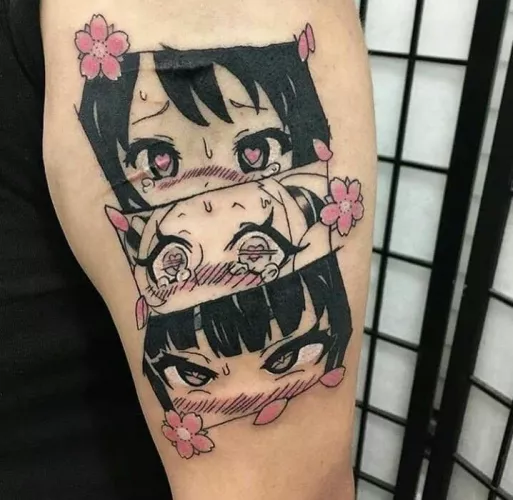 LF Color Source: 3girls, tattoo, arm tattoo, blush, real/reality, pink flowers, heart-shapped pupil, tear drops, sweat, bangs, ahegao, asanagi, collage, eyes focus