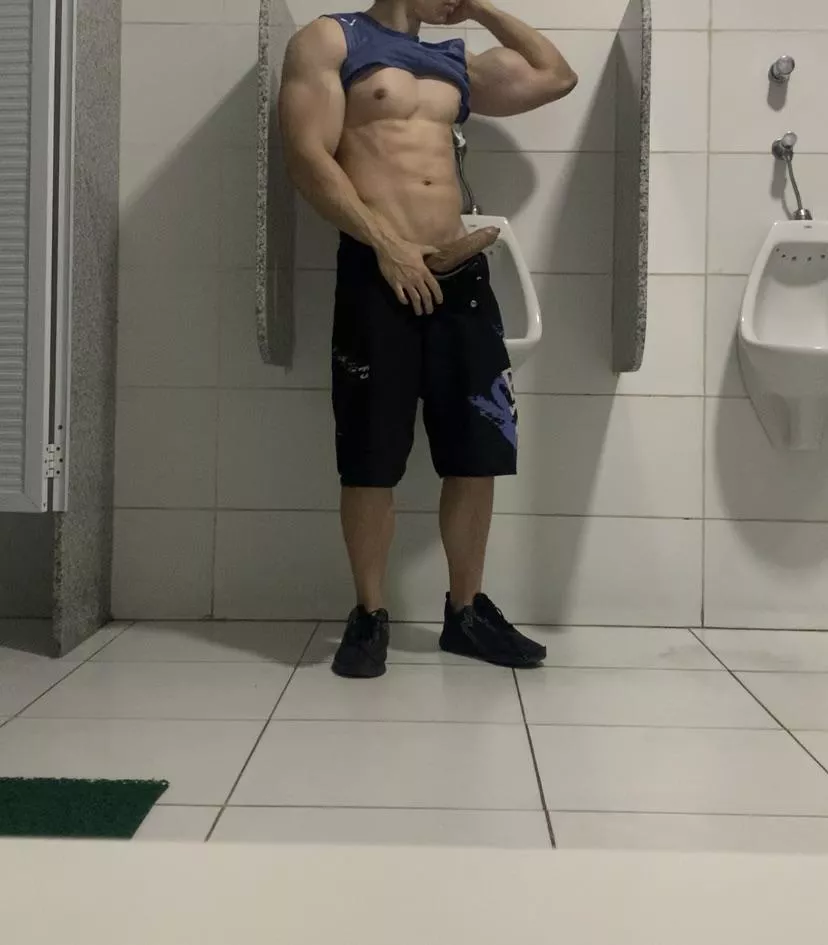 You're swallowing my dick in the middle of the gym bathroom and someone catch us. You keep sucking or run away?