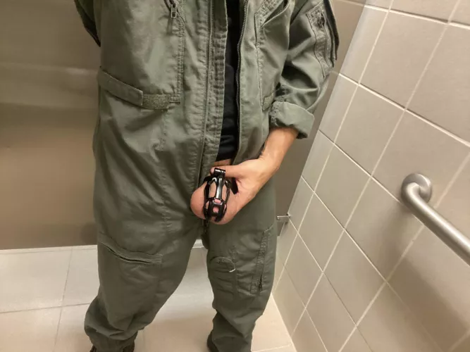 Hubby might think he is a cool guy at work but that doesn’t excuse him from chastity. Wonder how many other pilots are caged?