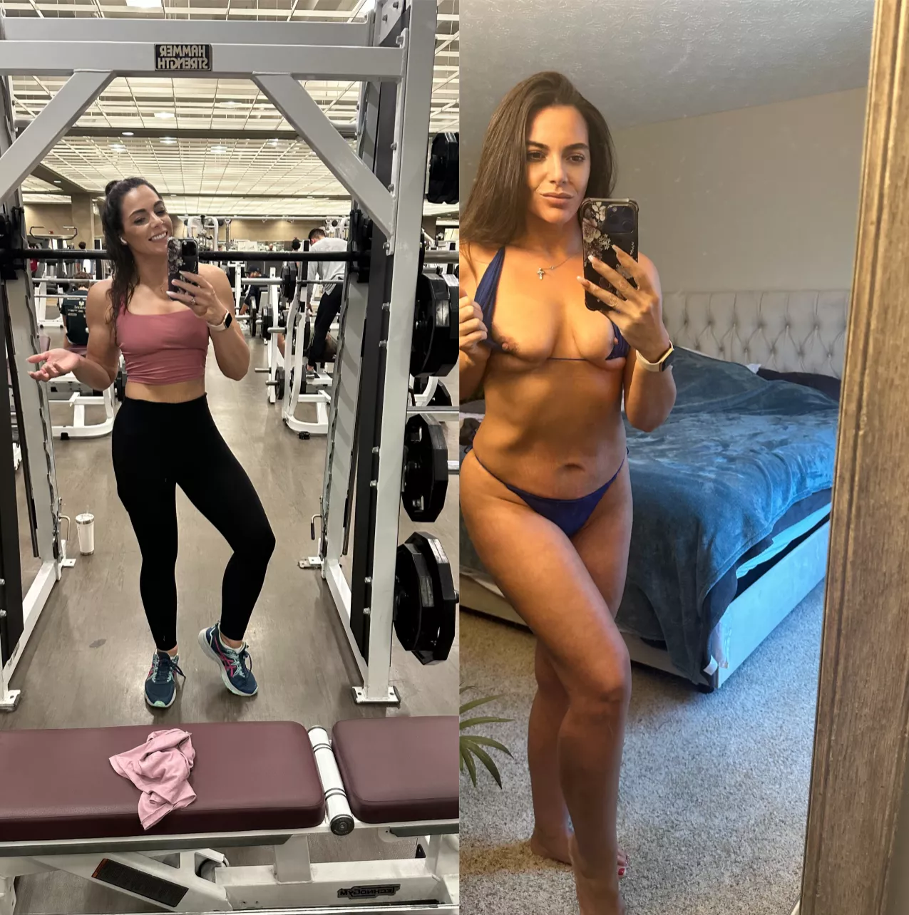 (F) At the gym, vs back at home (;