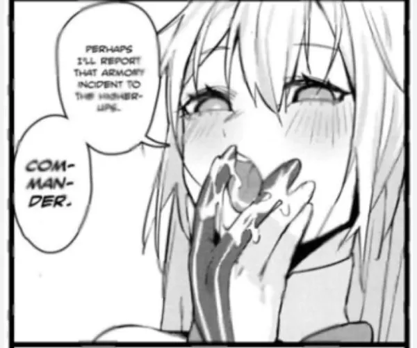 LF Mono Source: 1girl, close up, face, long hair, bangs, side locks, blushing, tongue out, licking fingers, perhaps i'll report that armory incident to the higher-ups com-man-der