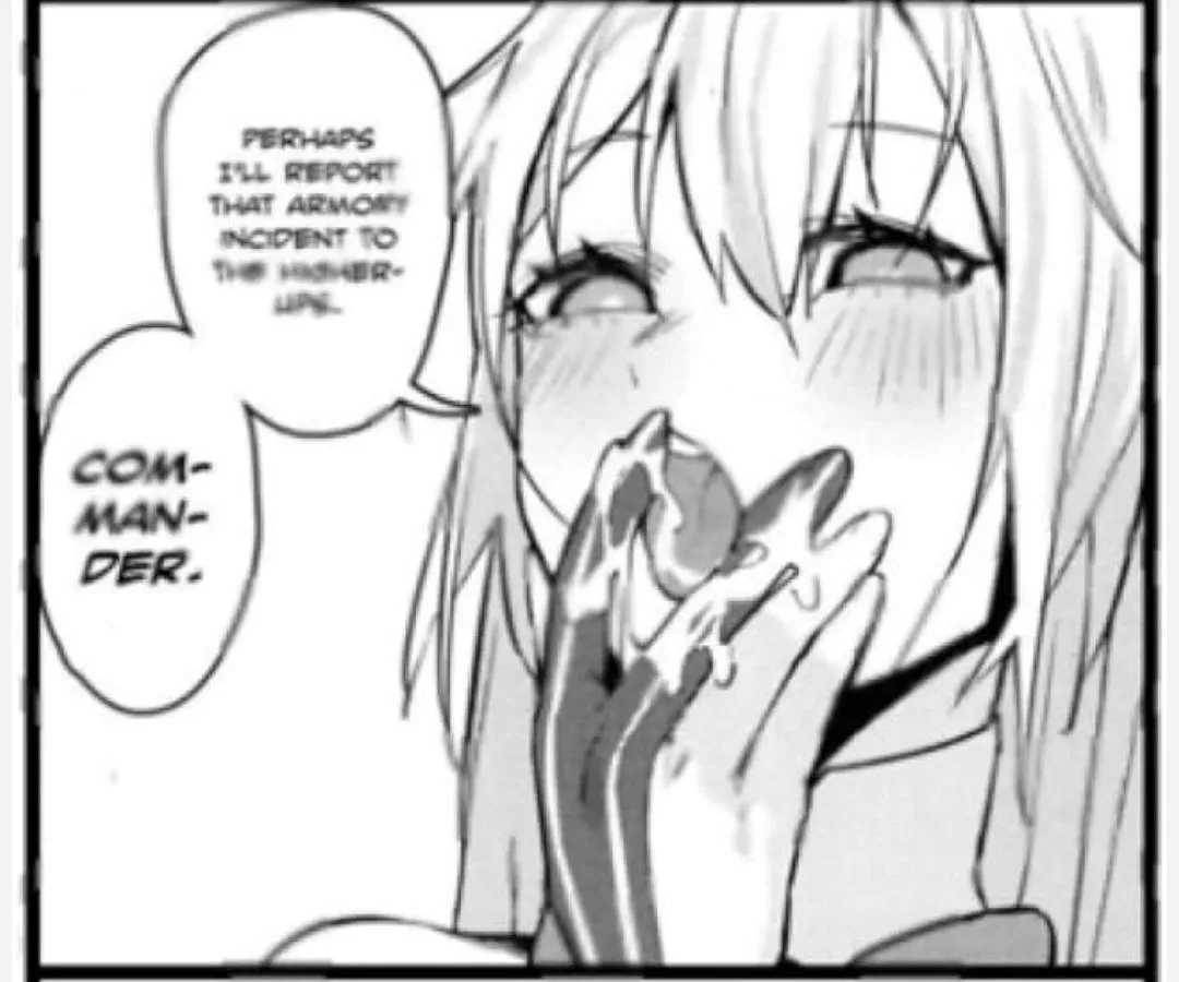 LF Mono Source: 1girl, close up, face, long hair, bangs, side locks, blushing, tongue out, licking fingers, perhaps i'll report that armory incident to the higher-ups com-man-der