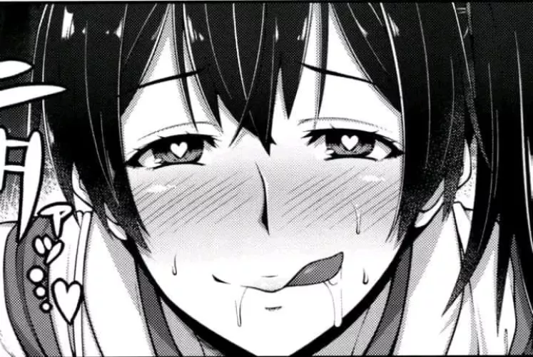 LF Mono Source: 1girl, close-up, face, side locks, bangs, heart shaped pupils, blushing, sweat, licking lips, saliva