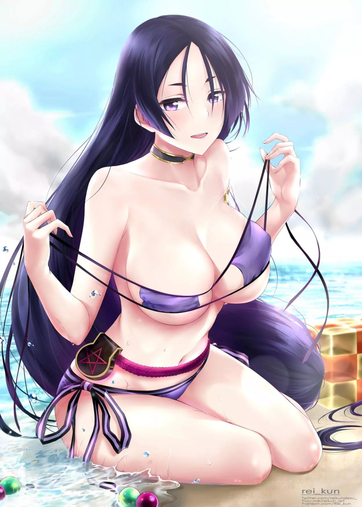 Summer Raikou taking off her bikini top at the beach