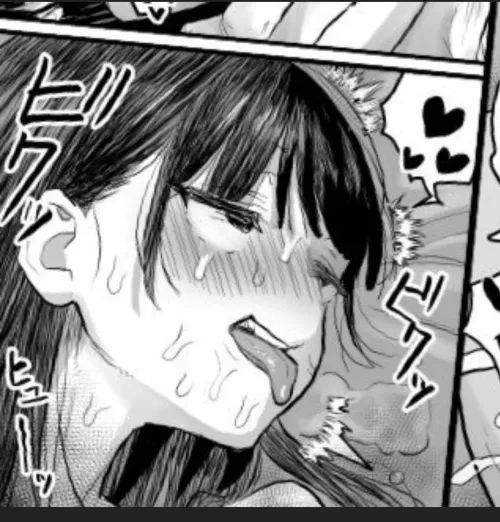 LF Mono Source: 1girl, blunt bangs, blush, close up, dark hair, drooling, long hair, ahegao, open mouth, sweat