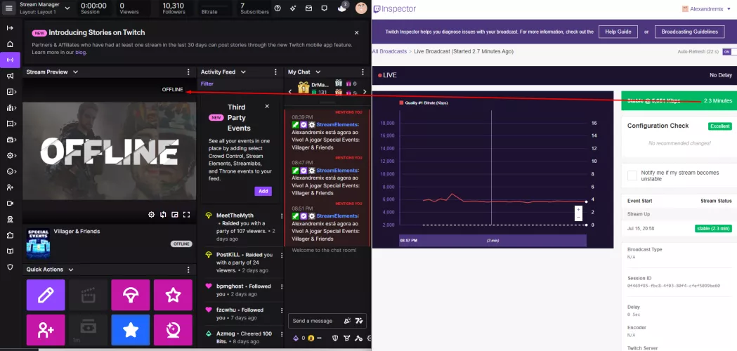 Something is wrong with twitch. I Stream and inspector picks it but it never goes live on twitch. As soon as i close the stream i go live with the disconnected protection. What is going on? Im not with bandwithtest mode on. Randomly it works