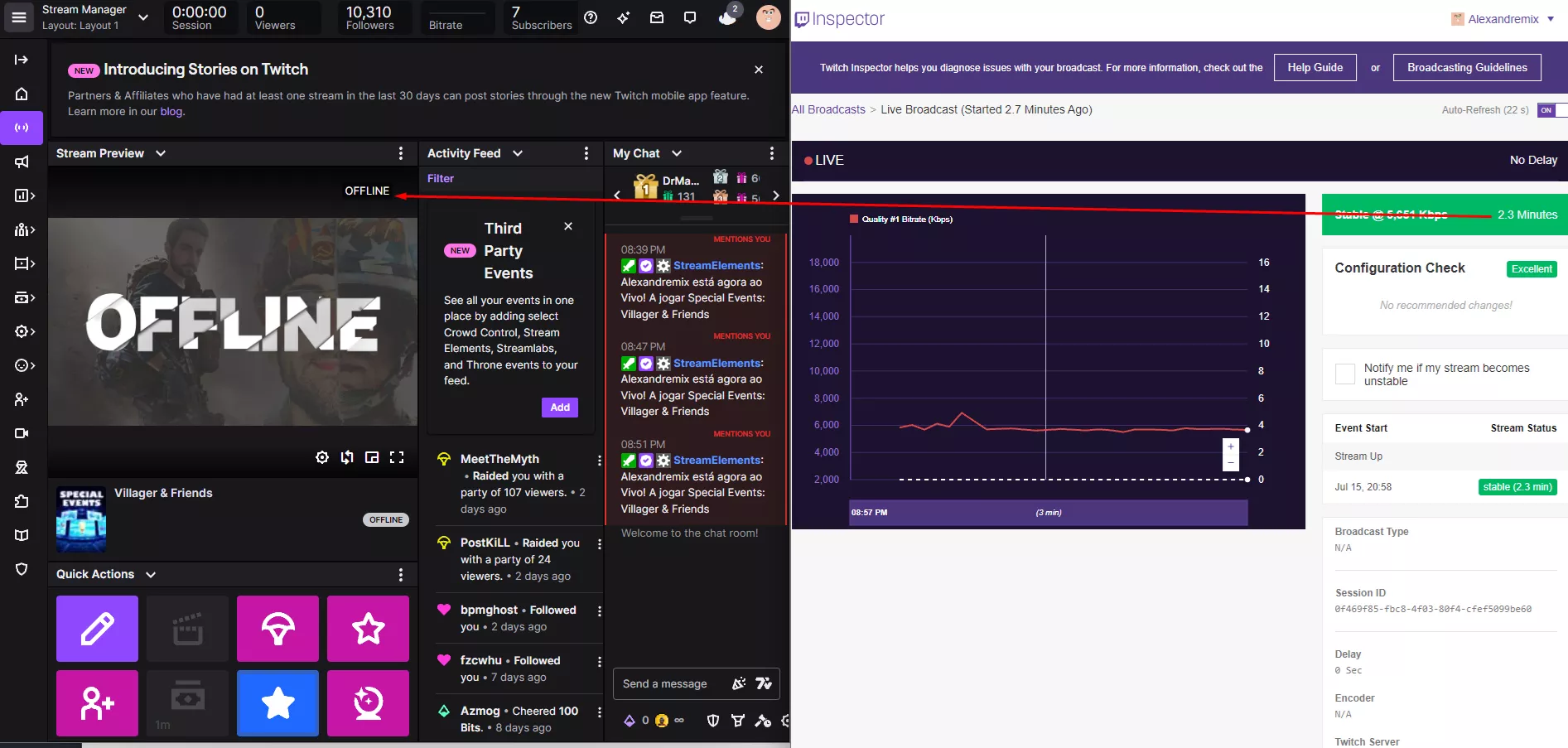 Something is wrong with twitch. I Stream and inspector picks it but it never goes live on twitch. As soon as i close the stream i go live with the disconnected protection. What is going on? Im not with bandwithtest mode on. Randomly it works