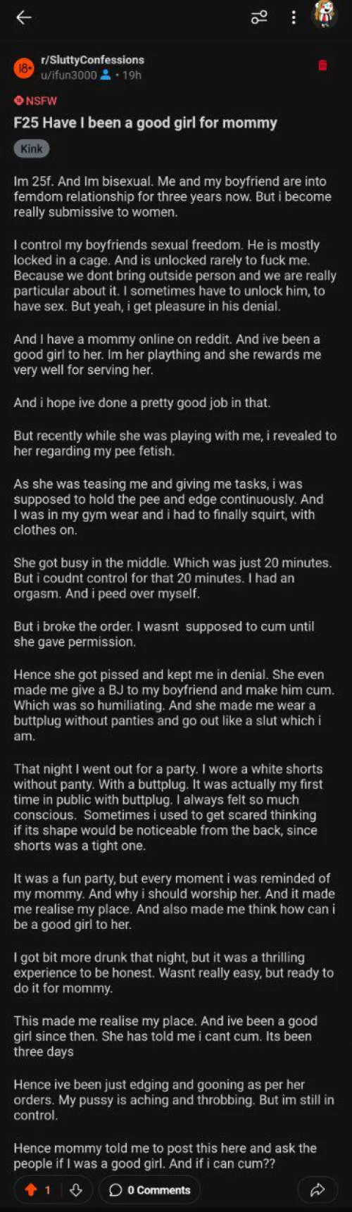 My sub failed me, but she does stay nice and docile. She even apologized to me. Should I allow her to cum?