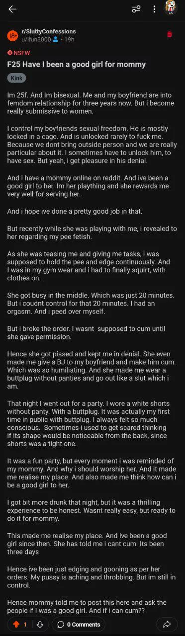 My sub failed me, but she does stay nice and docile. She even apologized to me. Should I allow her to cum?