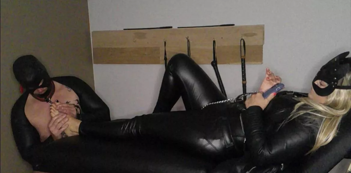 This is how we end every night!  Him locked and leaking dreaming of my feet! This is how we end every night!  Him locked and leaking dreaming of my feet!