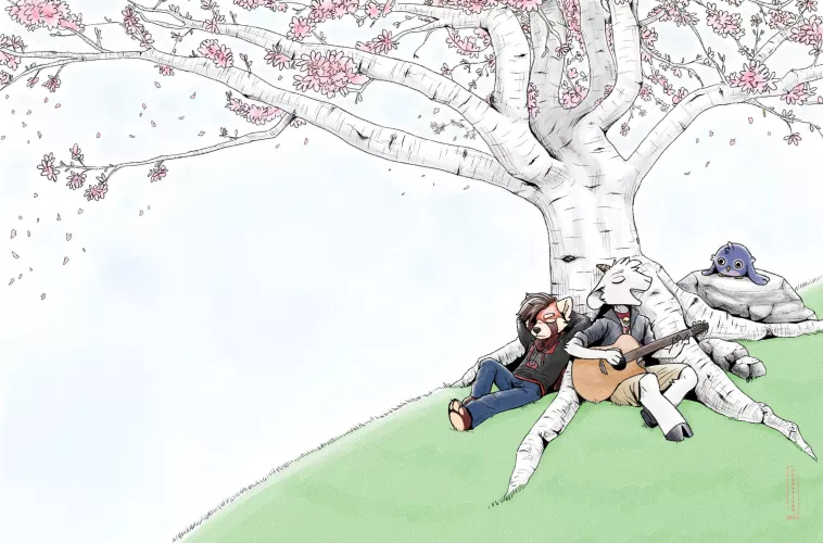 under the cherry tree, what song is he singing? [OC]