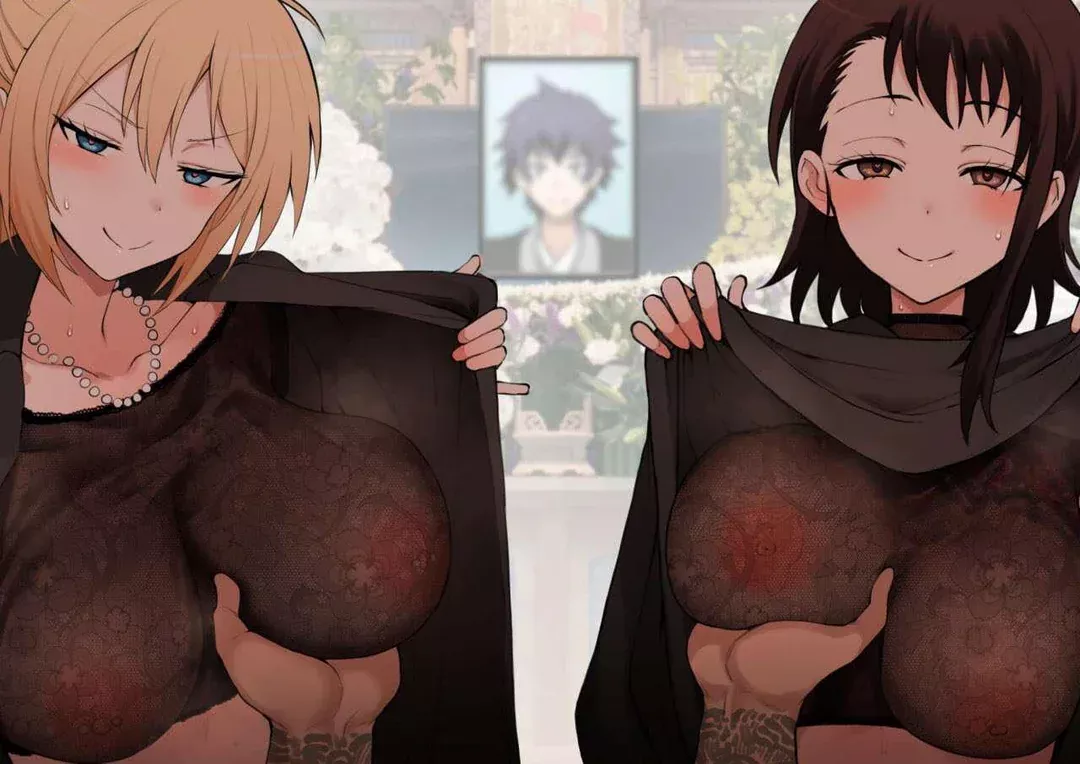 LF Color Source: 2girls, 1boy, blonde hair, bangs, blush, nisekoi, kirisaki chitoge, onodera kosaki, ichijou raku, breasts grab, funeral, arm tattoo, clothes lift, sweat, looking at viewer, pearl necklace 