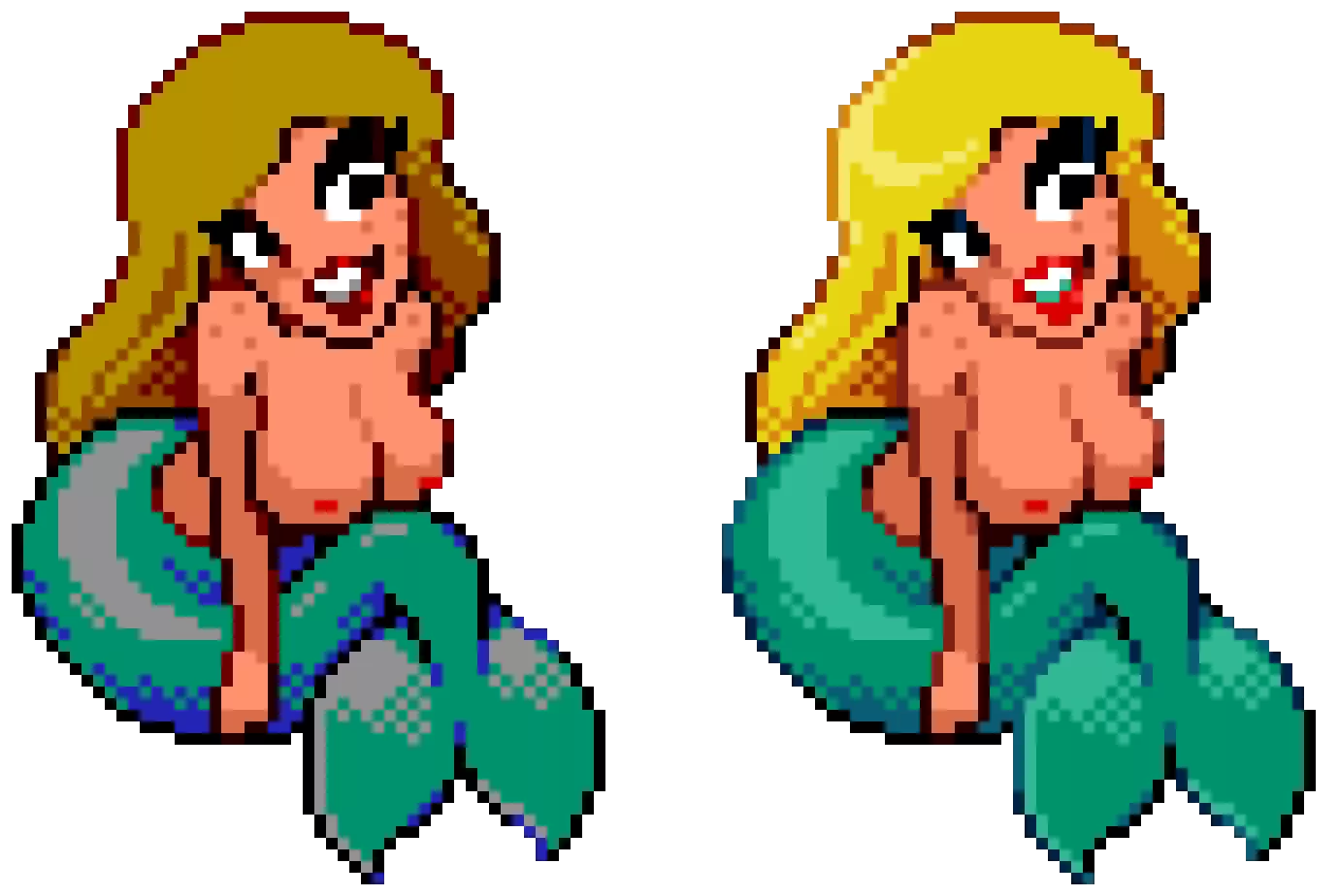 Wild Woody Mermaid resprite I did! Left utilizes the OG palette, Right utilizes my custom palette!