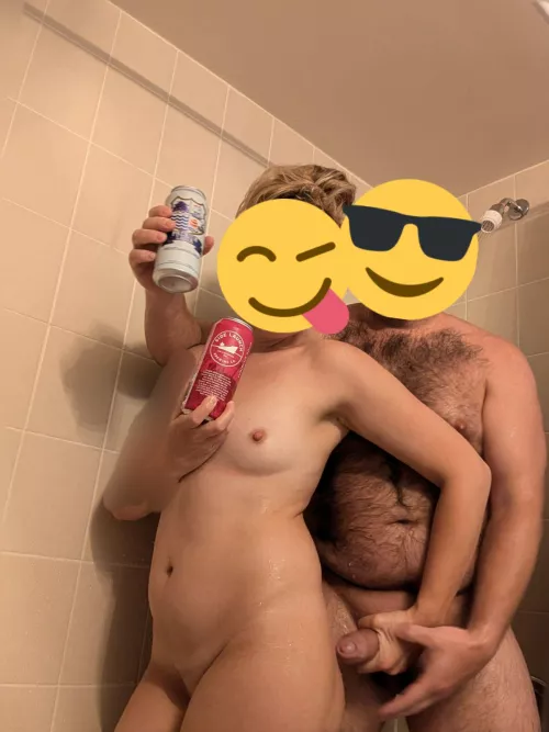 A dick in one hand and a beer in the other makes for one happy girl.
