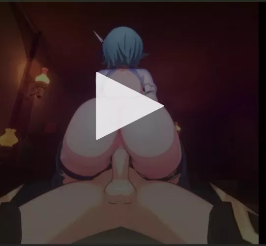 LF color source: 1girl, blue hair, short hair, 1boy, sex, cowgirl position, from behind, ass, testicles, penis