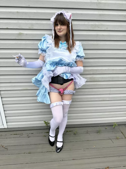Even a sissy maid needs a smoke break sometimes. Takes off the edge from chastity 