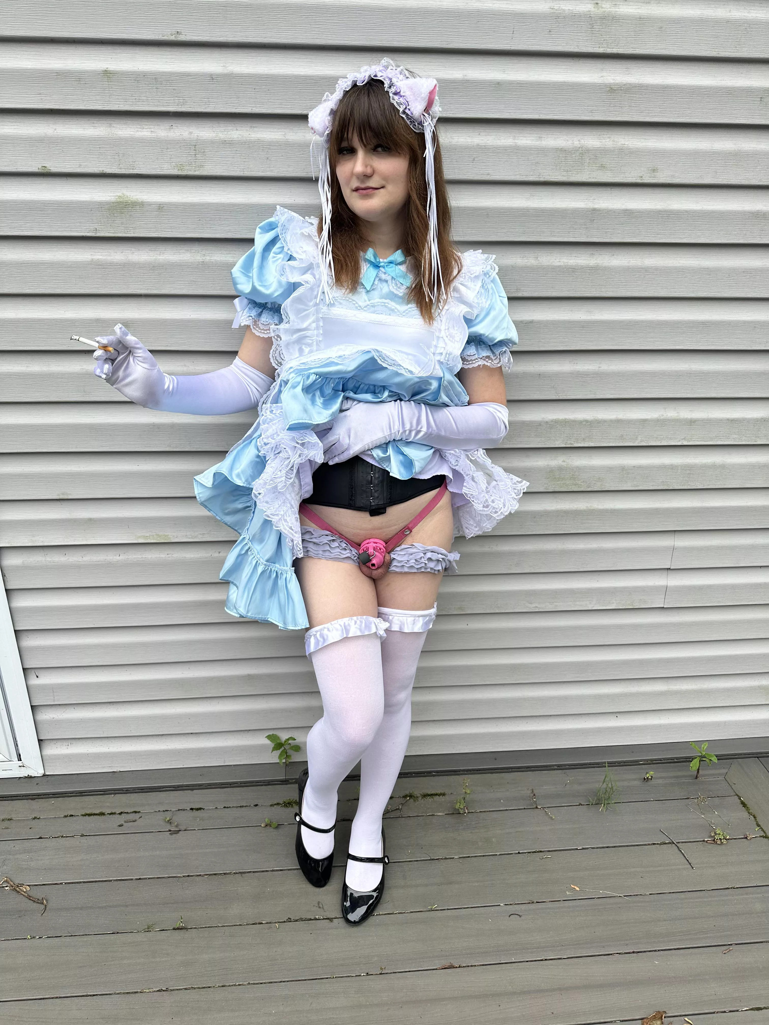 Even a sissy maid needs a smoke break sometimes. Takes off the edge from chastity 
