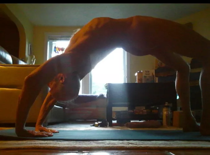 Celebrating 11 years of naked yoga and turning 76 last month.