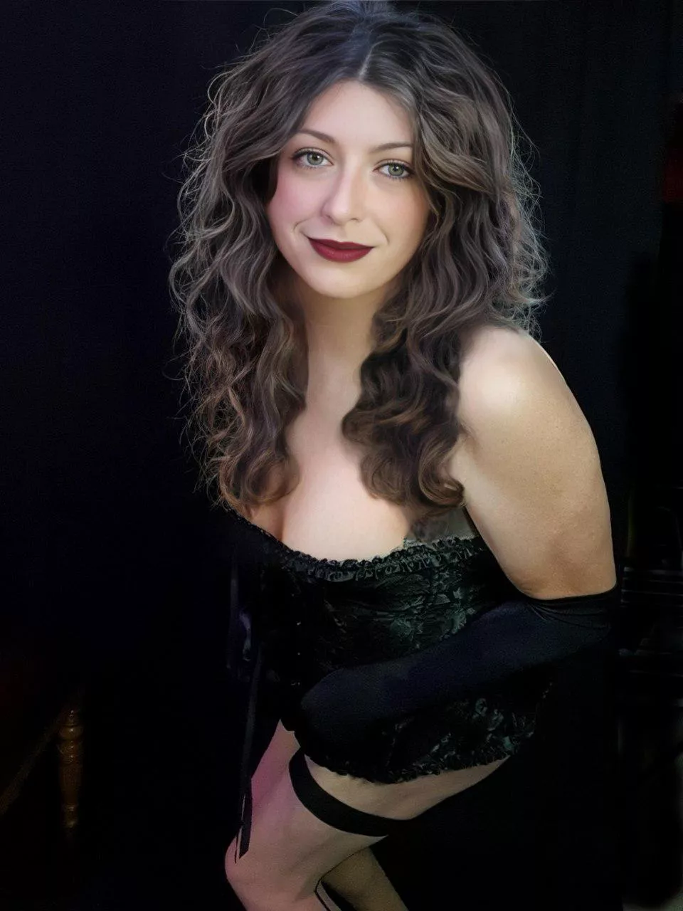 Stockings, black basque with long black gloves 