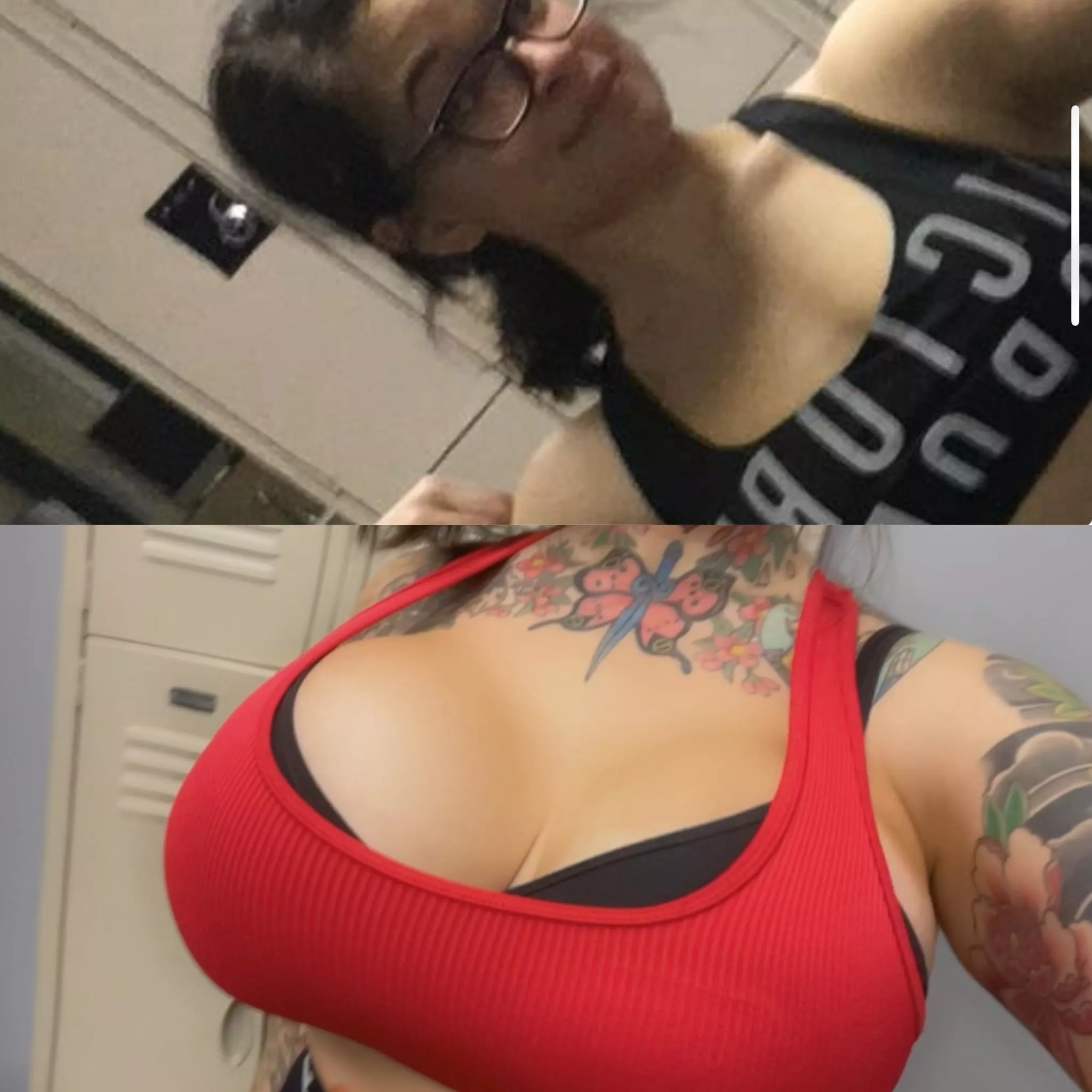 What a sports bra used to look like on me vs now that I’m 6 cups bigger 🥵1500cc 