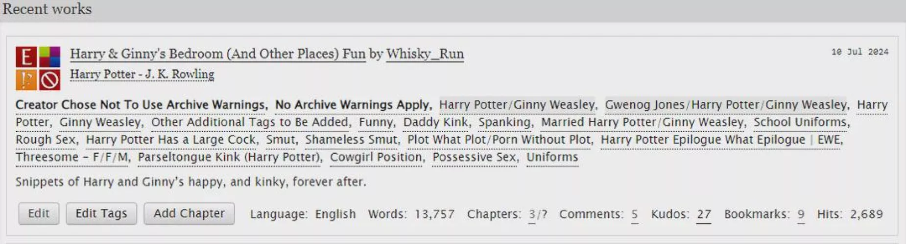 I'm writing a bit of HP fanfic over at AO3, if that's something you enjoy check out my work. Several stories under way. Link: https://archiveofourown.org/users/Whisky_Run