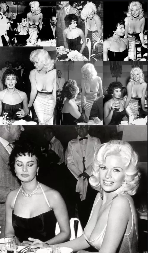 Sophia Loren and Jayne Mansfield at Romanoff’s restaurant in Beverly Hills, 1957